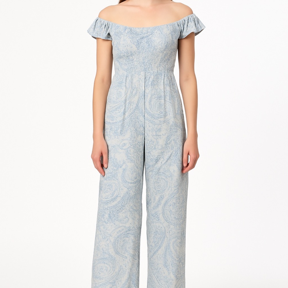 Aqua Bloomingdale’s Paisley Smocked Off-Shoulder Wide Leg Jumpsuit Size S NWT